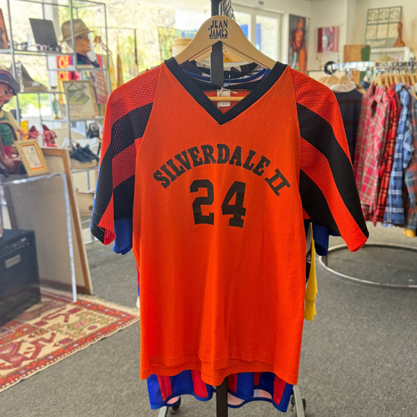 Vintage 80s Russell Athletic Gold R Jersey Orange Mesh – Made in USA Large