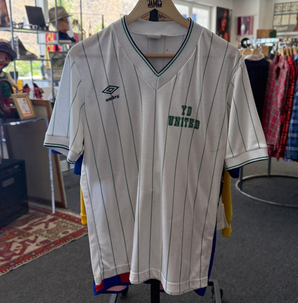 Vintage 80s Umbro Pinstripe Soccer Jersey Made in USA Yellow Tag – Large