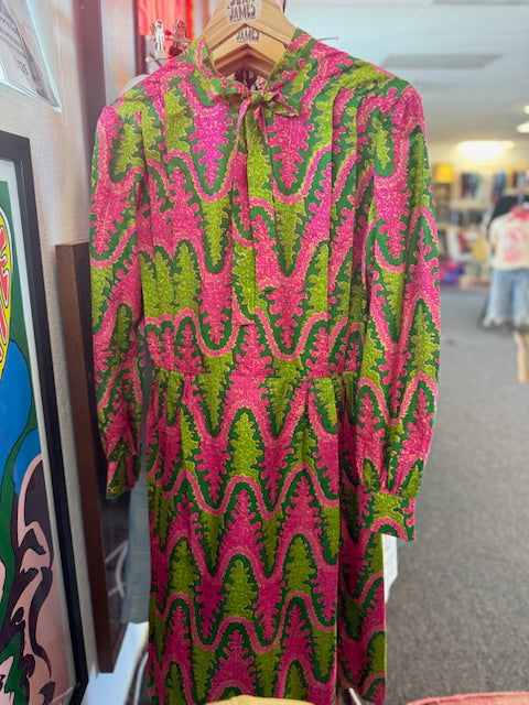 1970s pussy-bow pink & green dress