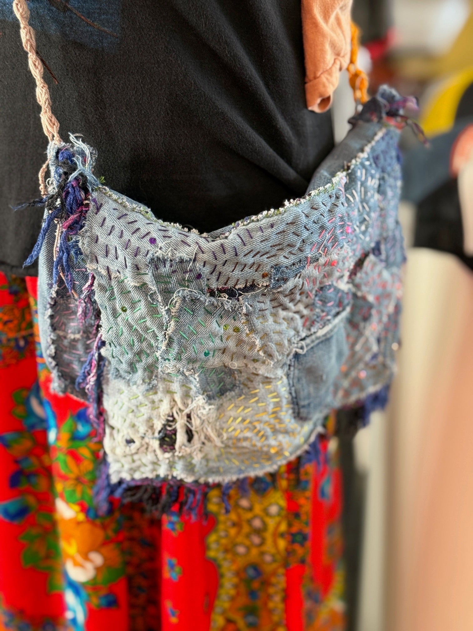 Sashiko stitch denim crossbody